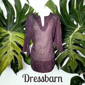 Dressbarn Sheer Metallic  Plumb ¾ Beveled Sleeve Tunic w\  Floral Embroidery